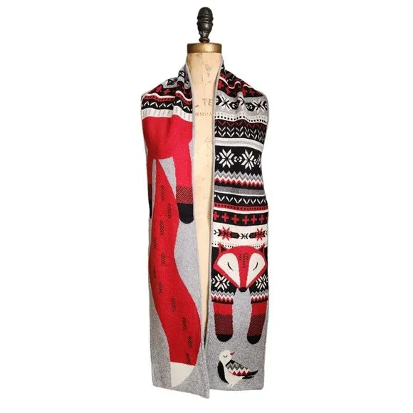 Yumi Accessories Yumi Fox Bird Wool Scarf Gray Red Nwt Poshmark